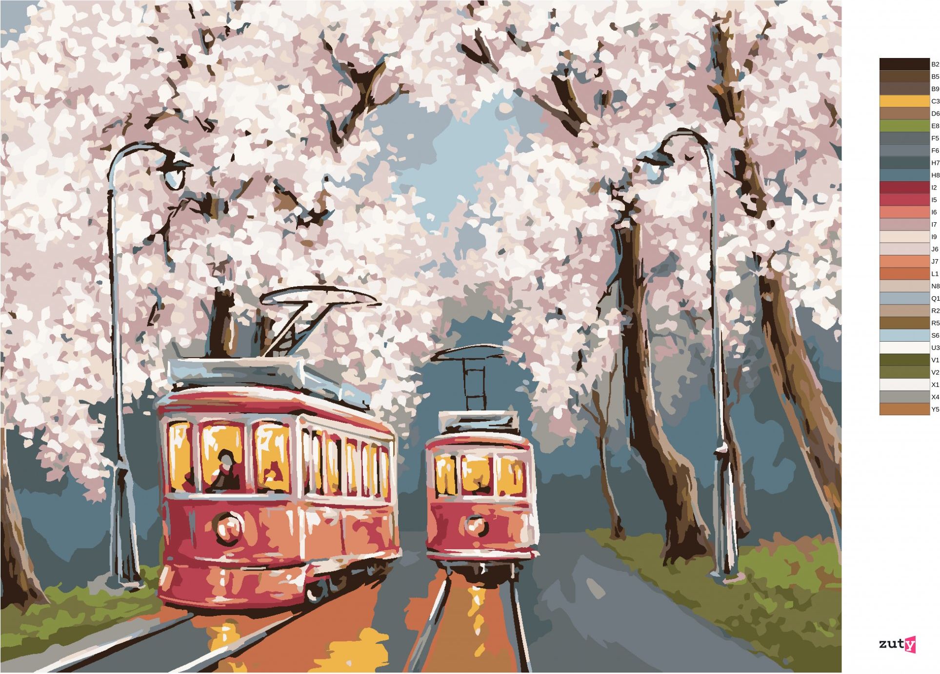zuty Malování podle čísel - TRAMVAJE POD ROZKVETLÝMI TŘEŠNĚMI - Rozměr: 40x50 cm, Rámování: Varianta: vypnuté plátno na rám - obrázek 2