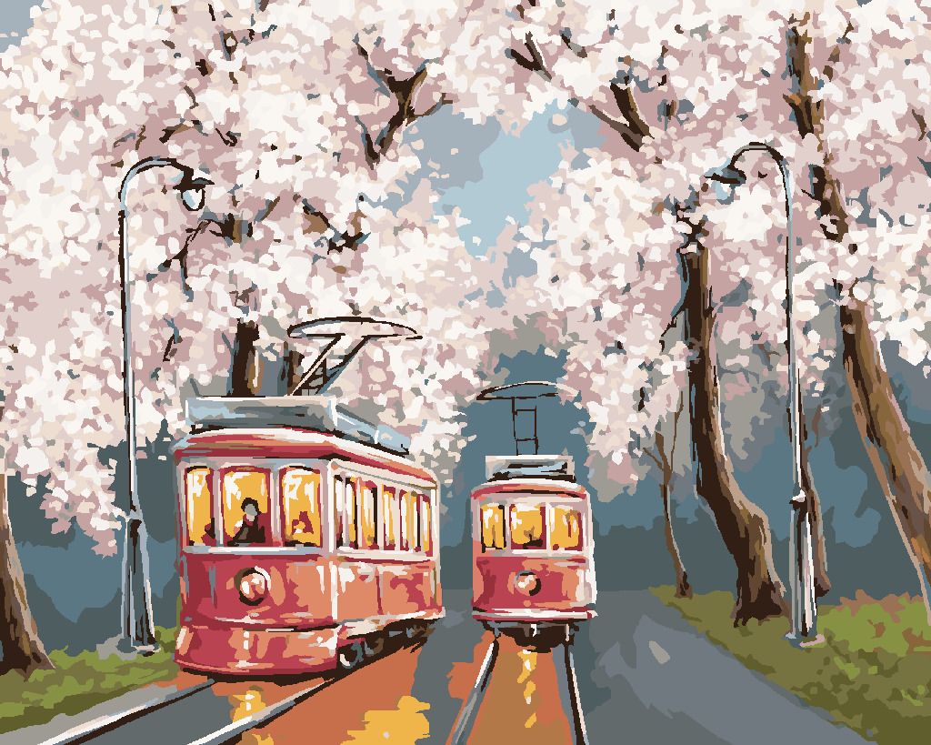 zuty Malování podle čísel - TRAMVAJE POD ROZKVETLÝMI TŘEŠNĚMI - Rozměr: 40x50 cm, Rámování: Varianta: vypnuté plátno na rám - obrázek 10