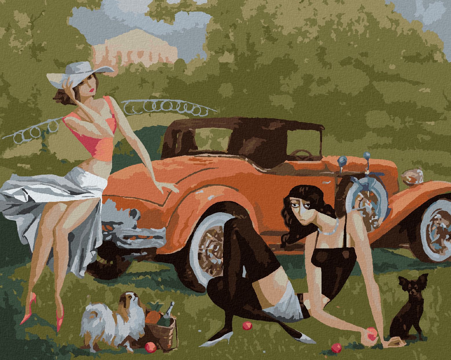 zuty Malování podle čísel - DÁMY SE PSY U AUTA - Rozměr: 40x50 cm, Rámování: Varianta: bez rámu a bez vypnutí plátna - obrázek 1