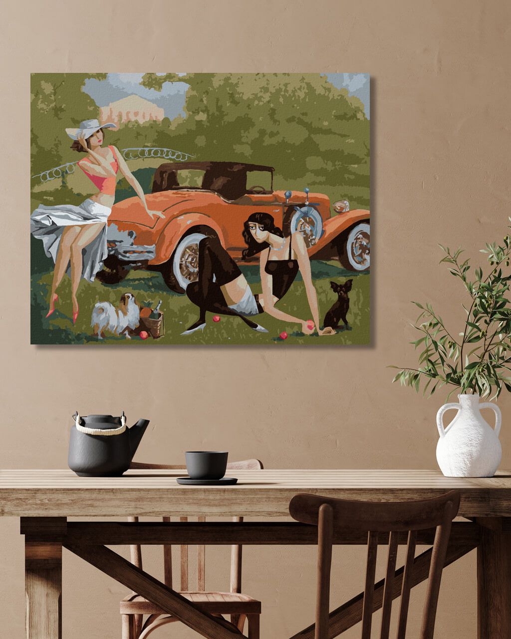 zuty Malování podle čísel - DÁMY SE PSY U AUTA - Rozměr: 40x50 cm, Rámování: Varianta: bez rámu a bez vypnutí plátna - obrázek 2