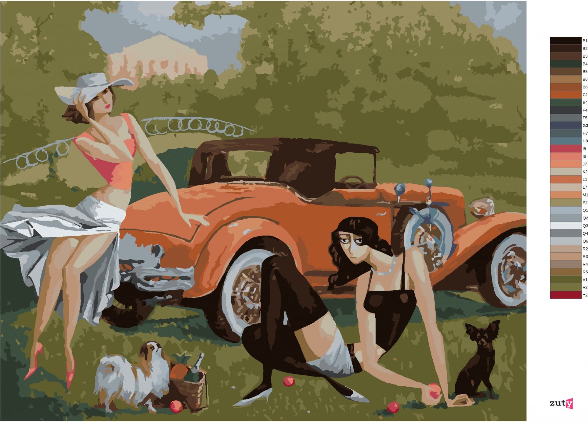 zuty Malování podle čísel - DÁMY SE PSY U AUTA - Rozměr: 40x50 cm, Rámování: Varianta: bez rámu a bez vypnutí plátna - obrázek 9