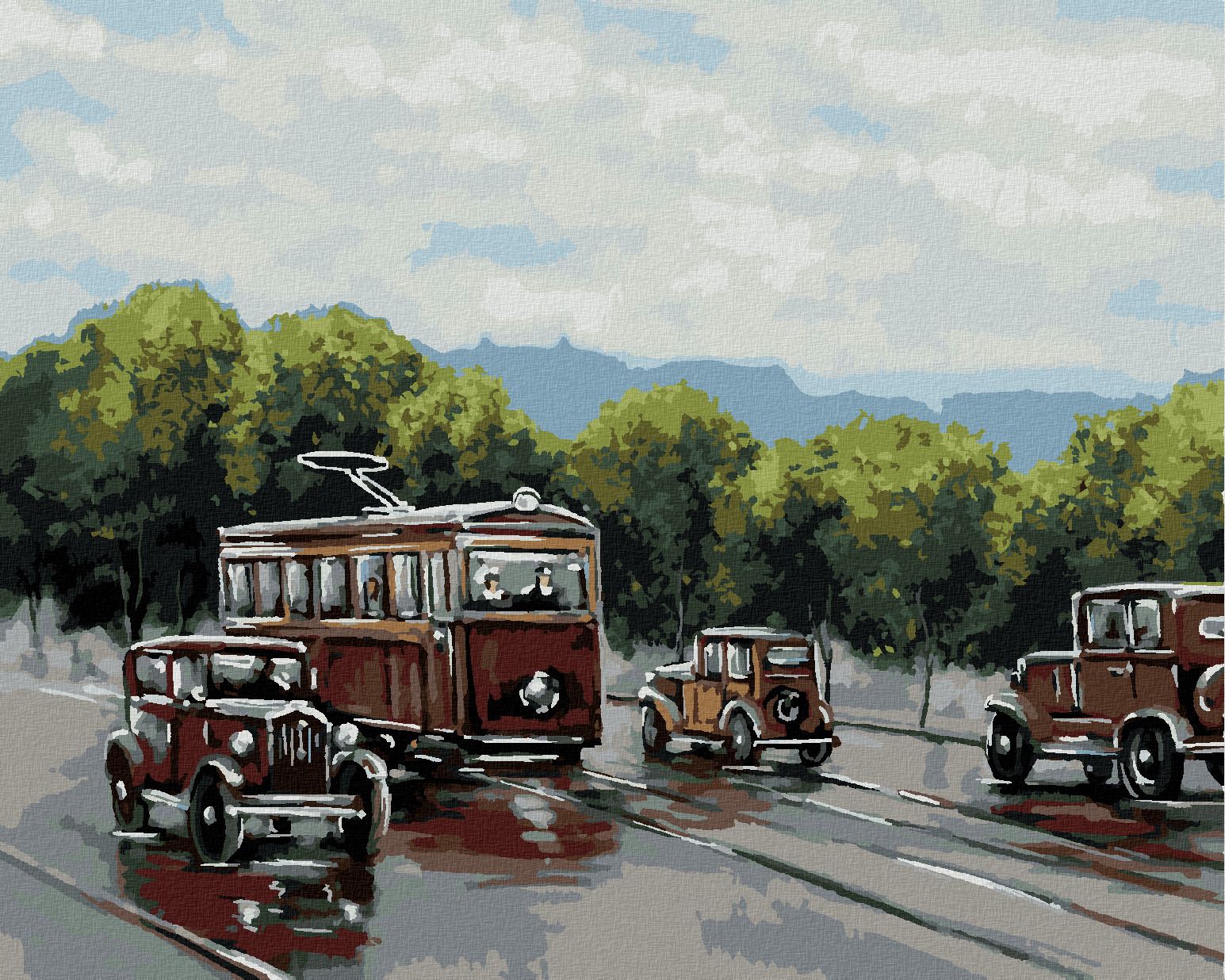 zuty Malování podle čísel - TRAMVAJ S AUTY - Rozměr: 40x50 cm, Rámování: Varianta: vypnuté plátno na rám - obrázek 1