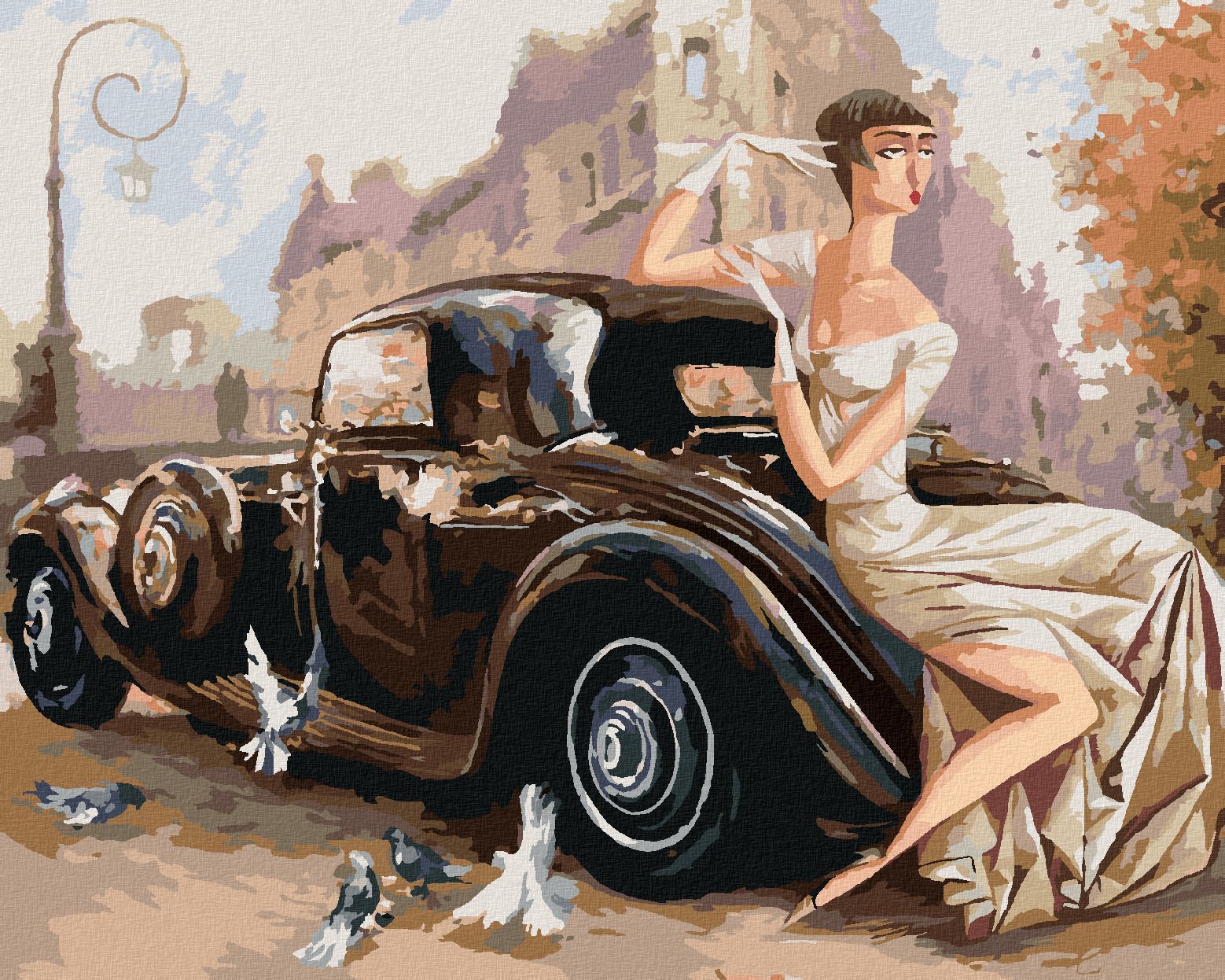 zuty Malování podle čísel - DÁMA U RETRO AUTA - Rozměr: 40x50 cm, Rámování: Varianta: vypnuté plátno na rám - obrázek 1