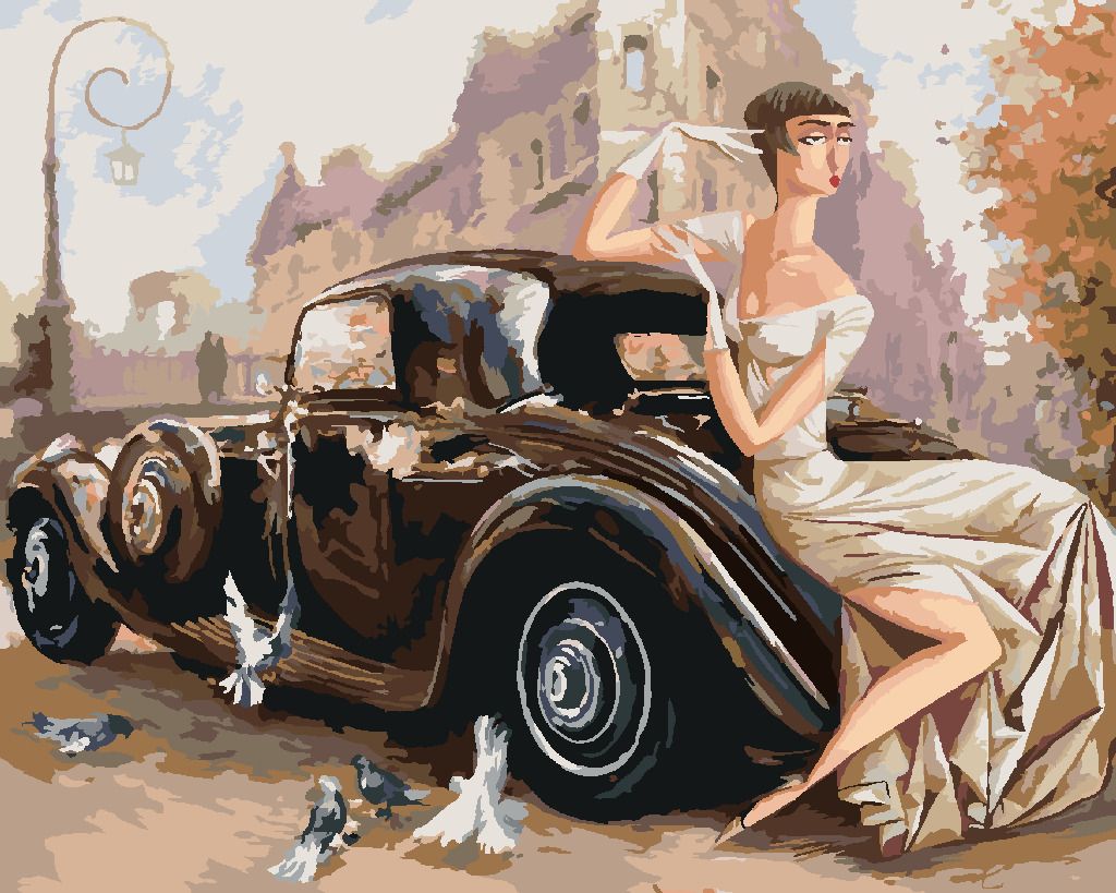 zuty Malování podle čísel - DÁMA U RETRO AUTA - Rozměr: 40x50 cm, Rámování: Varianta: vypnuté plátno na rám - obrázek 4