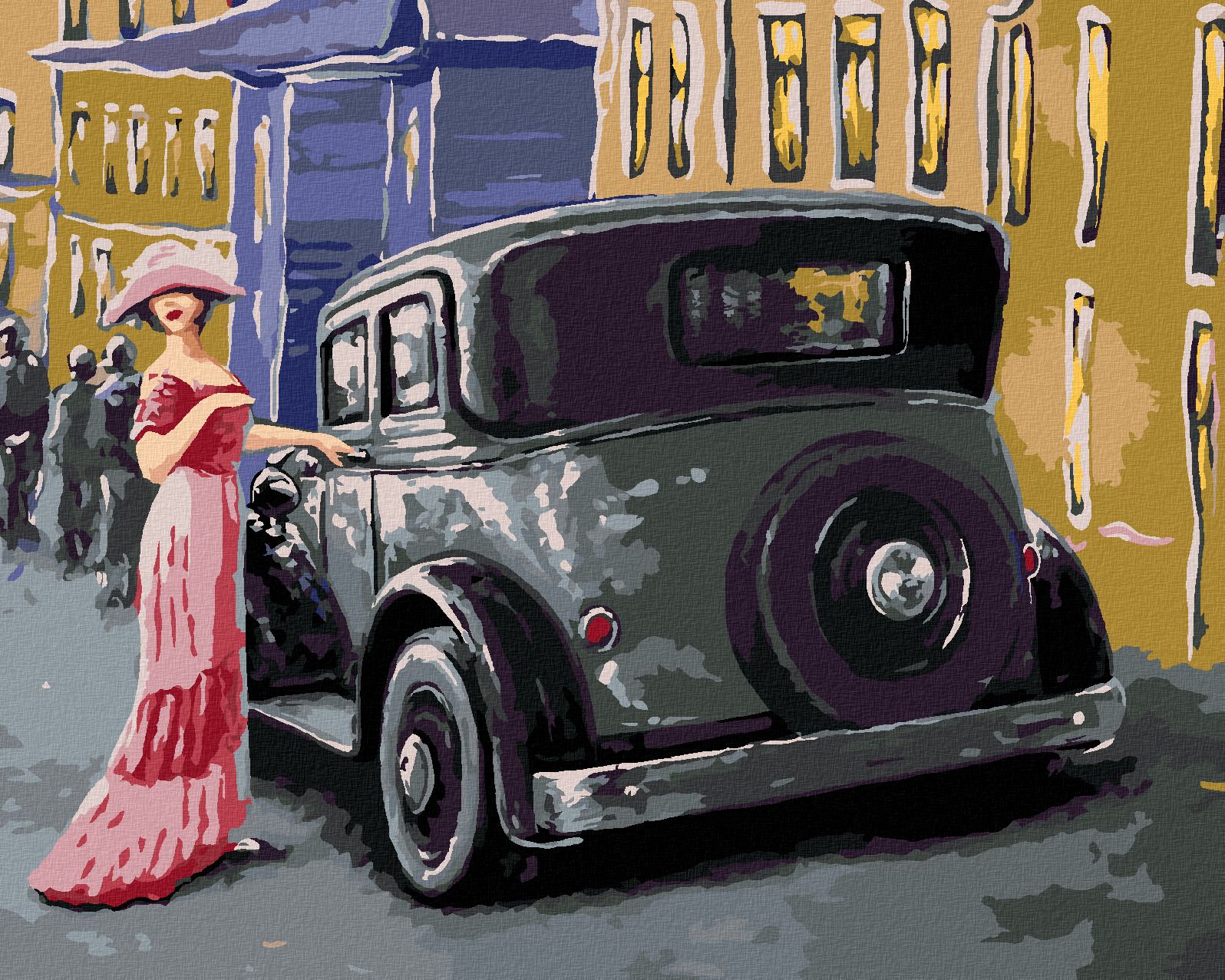 zuty Malování podle čísel - DÁMA V RŮŽOVÝCH ŠATECH U AUTA - Rozměr: 40x50 cm, Rámování: Varianta: bez rámu a bez vypnutí plátna - obrázek 1