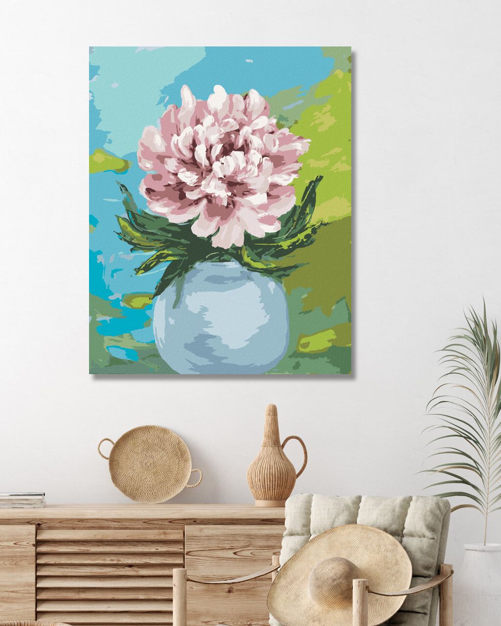 zuty Malování podle čísel - PIVOŇKA NA ŽLUTOMODRÉM POZADÍ - Rozměr: 40x50 cm, Rámování: Varianta: vypnuté plátno na rám - obrázek 6