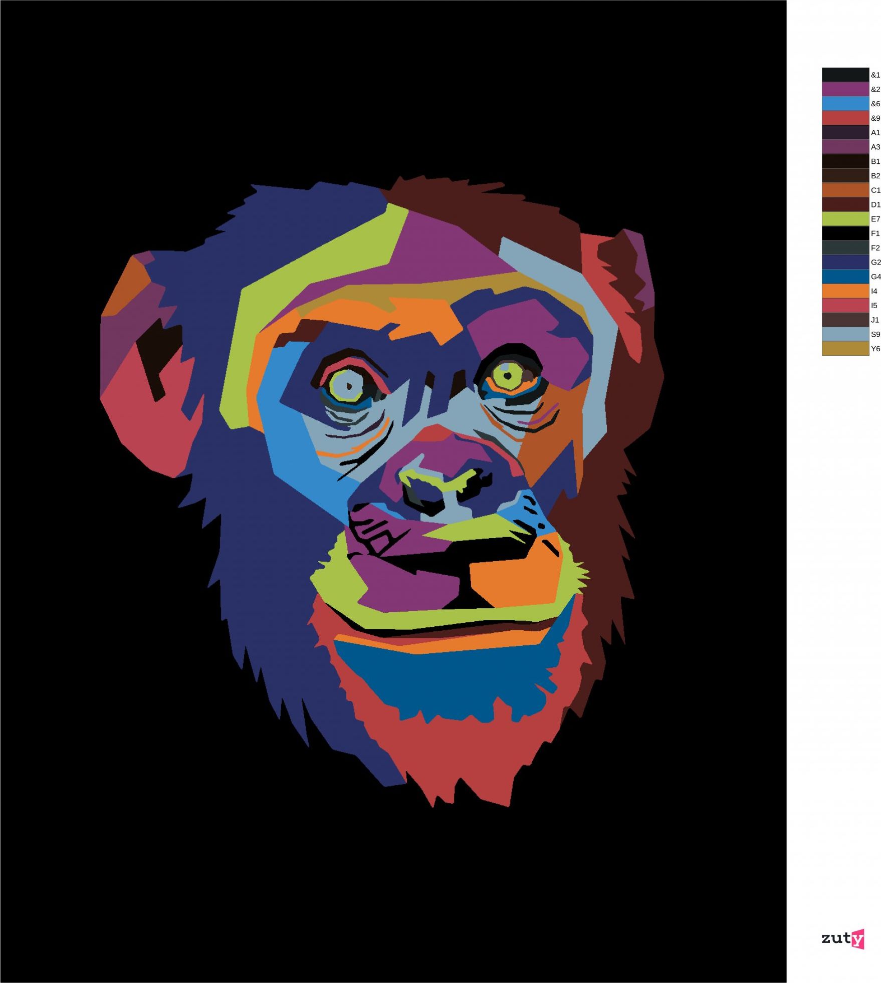 zuty Malování podle čísel - ABSTRAKTNÍ POP-ART OPICE NA ČERNÉM POZADÍ - Rozměr: 40x50 cm, Rámování: Varianta: vypnuté plátno na rám - obrázek 4