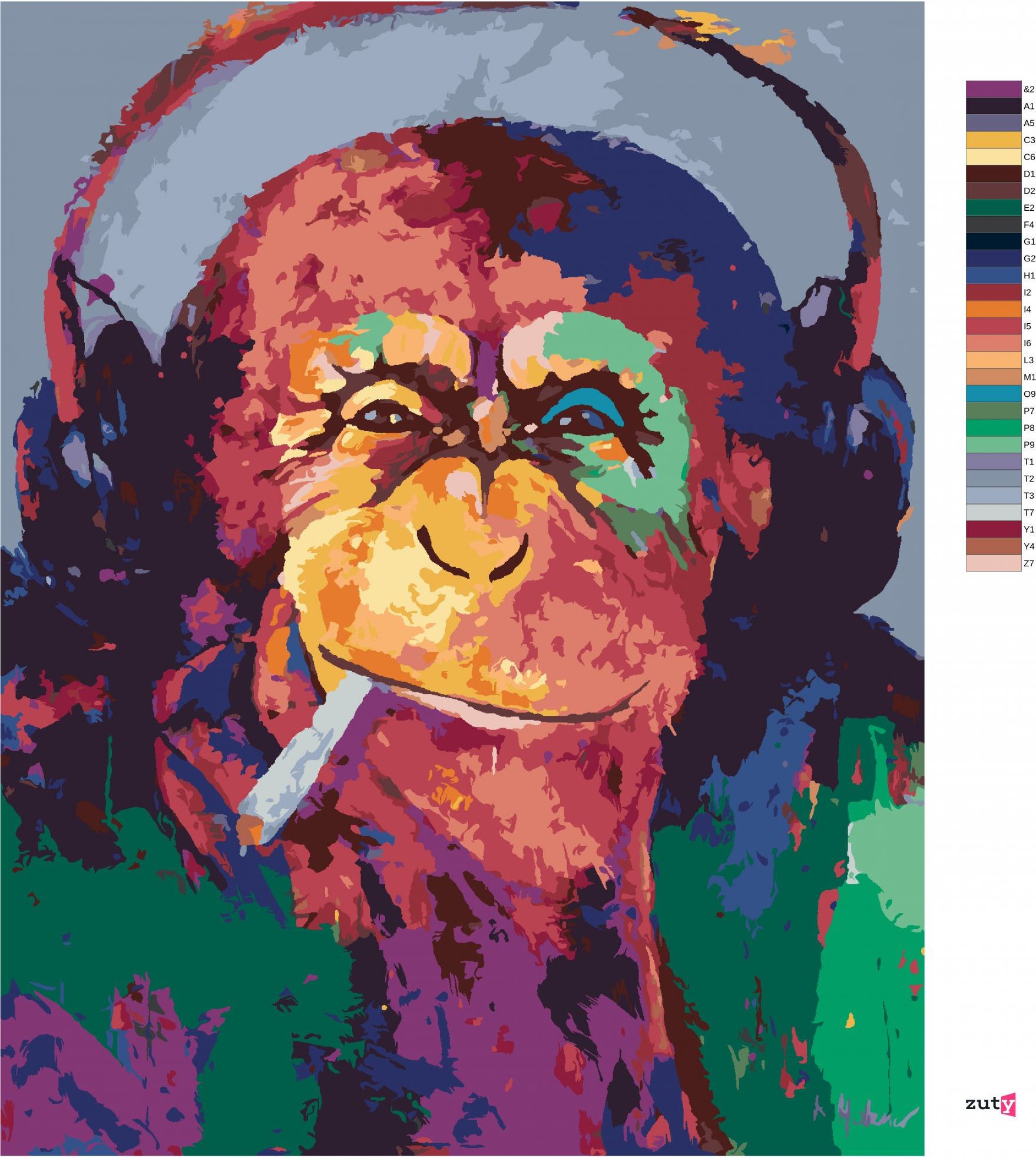 zuty Malování podle čísel - KOUŘÍCÍ OPICE SE SLUCHÁTKY - Rozměr: 40x50 cm, Rámování: Varianta: bez rámu a bez vypnutí plátna - obrázek 2