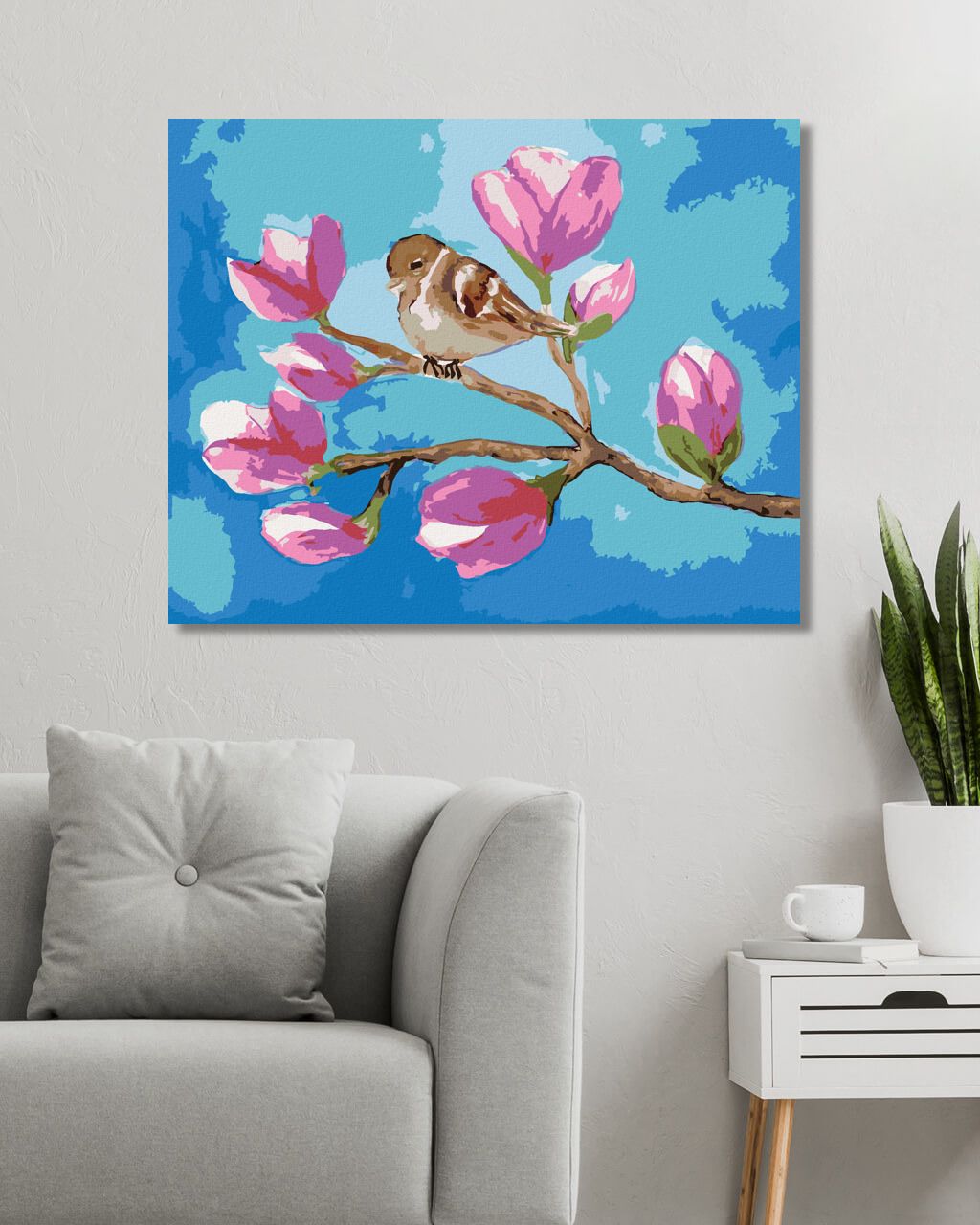 zuty Malování podle čísel - SEDÍCÍ VRABEC NA VĚTVI S KVĚTY MAGNÓLIE - Rozměr: 40x50 cm, Rámování: Varianta: bez rámu a bez vypnutí plátna - obrázek 2