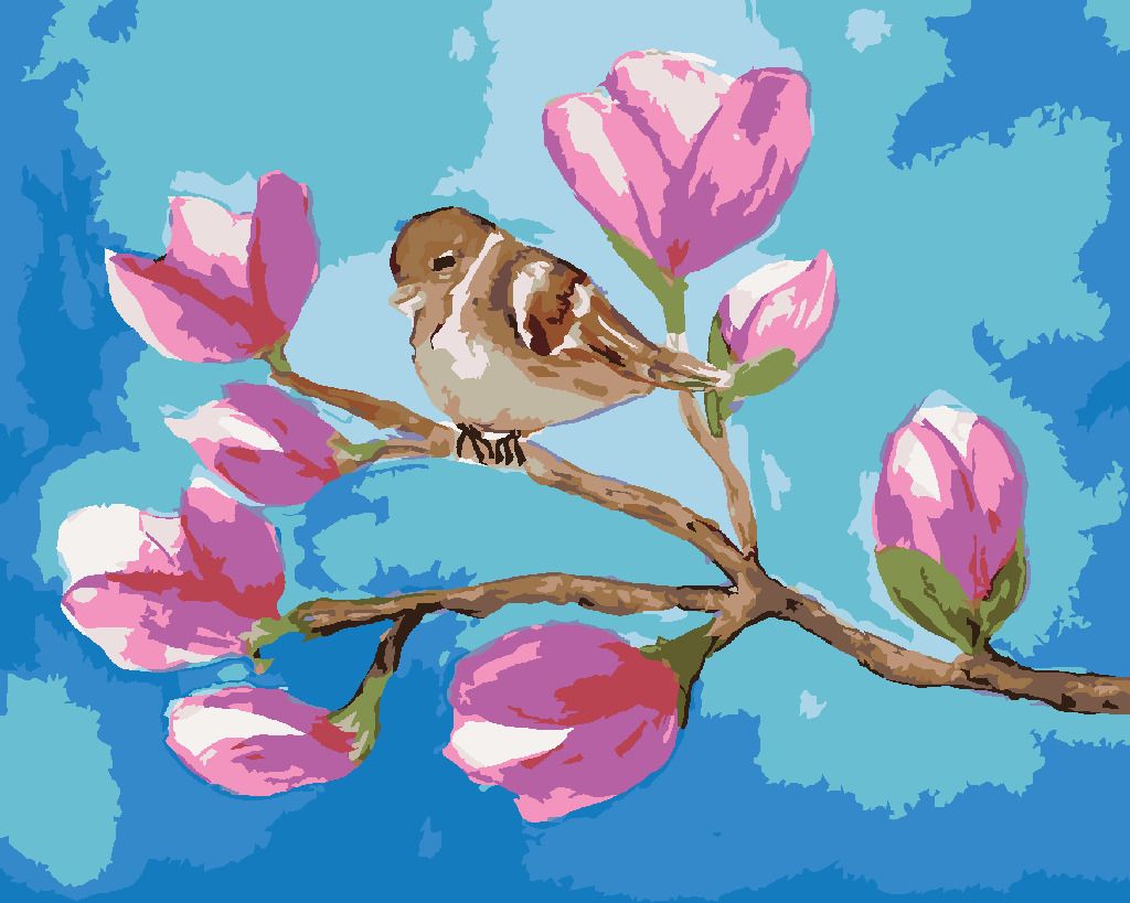 zuty Malování podle čísel - SEDÍCÍ VRABEC NA VĚTVI S KVĚTY MAGNÓLIE - Rozměr: 40x50 cm, Rámování: Varianta: bez rámu a bez vypnutí plátna - obrázek 4
