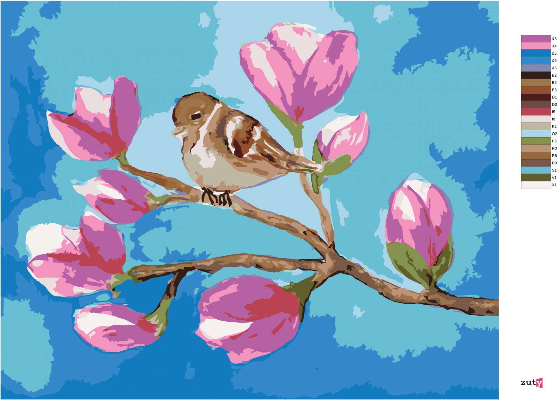 zuty Malování podle čísel - SEDÍCÍ VRABEC NA VĚTVI S KVĚTY MAGNÓLIE - Rozměr: 40x50 cm, Rámování: Varianta: bez rámu a bez vypnutí plátna - obrázek 5