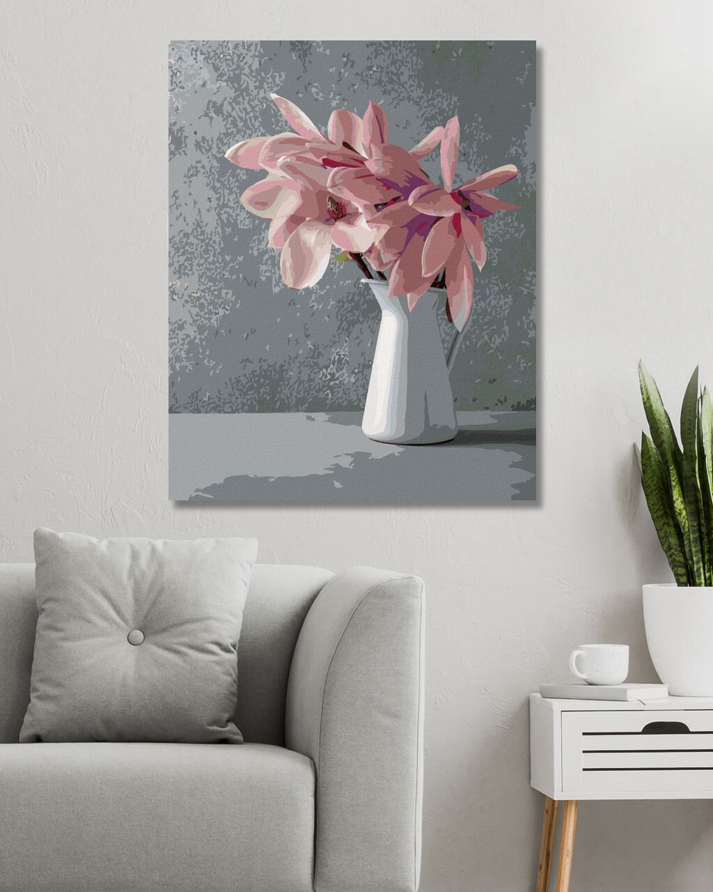 zuty Malování podle čísel - RŮŽOVÉ MAGNÓLIE V BÍLÉ KERAMICKÉ VÁZE - Rozměr: 40x50 cm, Rámování: Varianta: bez rámu a bez vypnutí plátna - obrázek 6