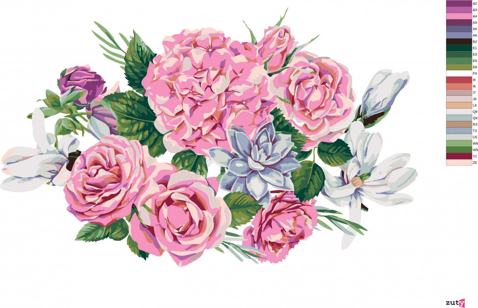 zuty Malování podle čísel - KYTICE MAGNÓLIÍ, HORTENZIÍ A KARAFIÁTŮ - Rozměr: 40x50 cm, Rámování: Varianta: bez rámu a bez vypnutí plátna - obrázek 4