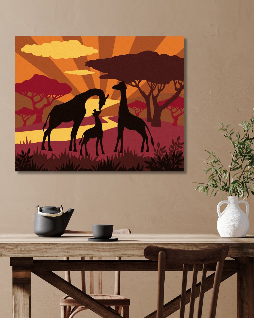 zuty Malování podle čísel - ŽIRAFÍ RODINA PŘI ZÁPADU SLUNCE - Rozměr: 40x50 cm, Rámování: Varianta: vypnuté plátno na rám - obrázek 5