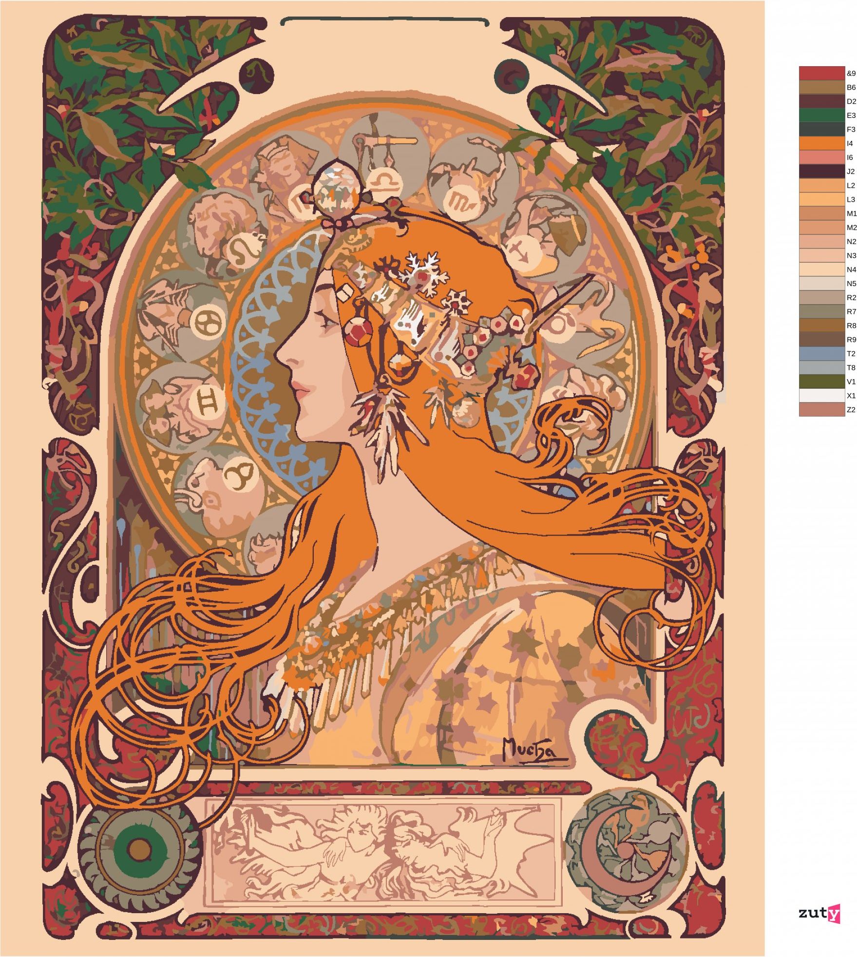 zuty Malování podle čísel - ZVĚROKRUH (ALFONS MUCHA) - Rozměr: 40x50 cm, Rámování: Varianta: vypnuté plátno na rám - obrázek 5