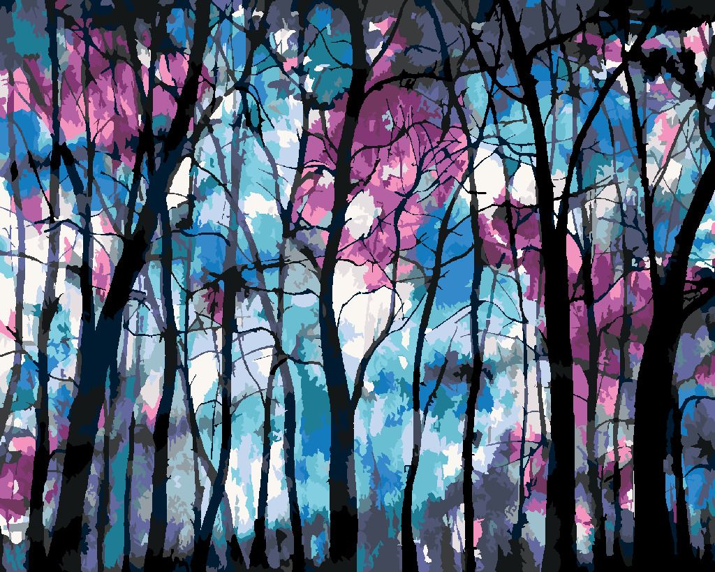 zuty Malování podle čísel - TEMNÝ LES S MODROFIALOVOU OBLOHOU - Rozměr: 40x50 cm, Rámování: Varianta: bez rámu a bez vypnutí plátna - obrázek 3