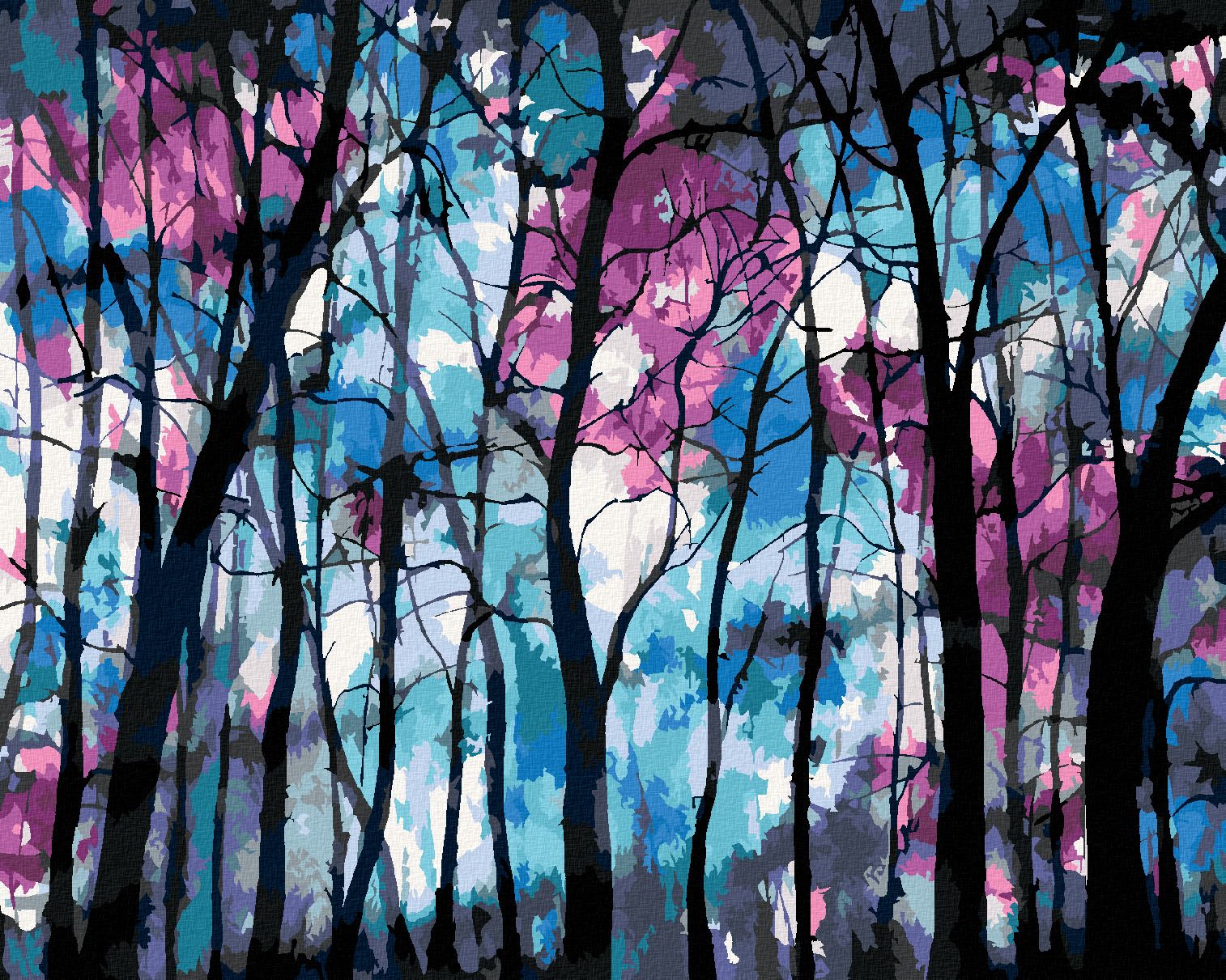 zuty Malování podle čísel - TEMNÝ LES S MODROFIALOVOU OBLOHOU - Rozměr: 40x50 cm, Rámování: Varianta: vypnuté plátno na rám - obrázek 1
