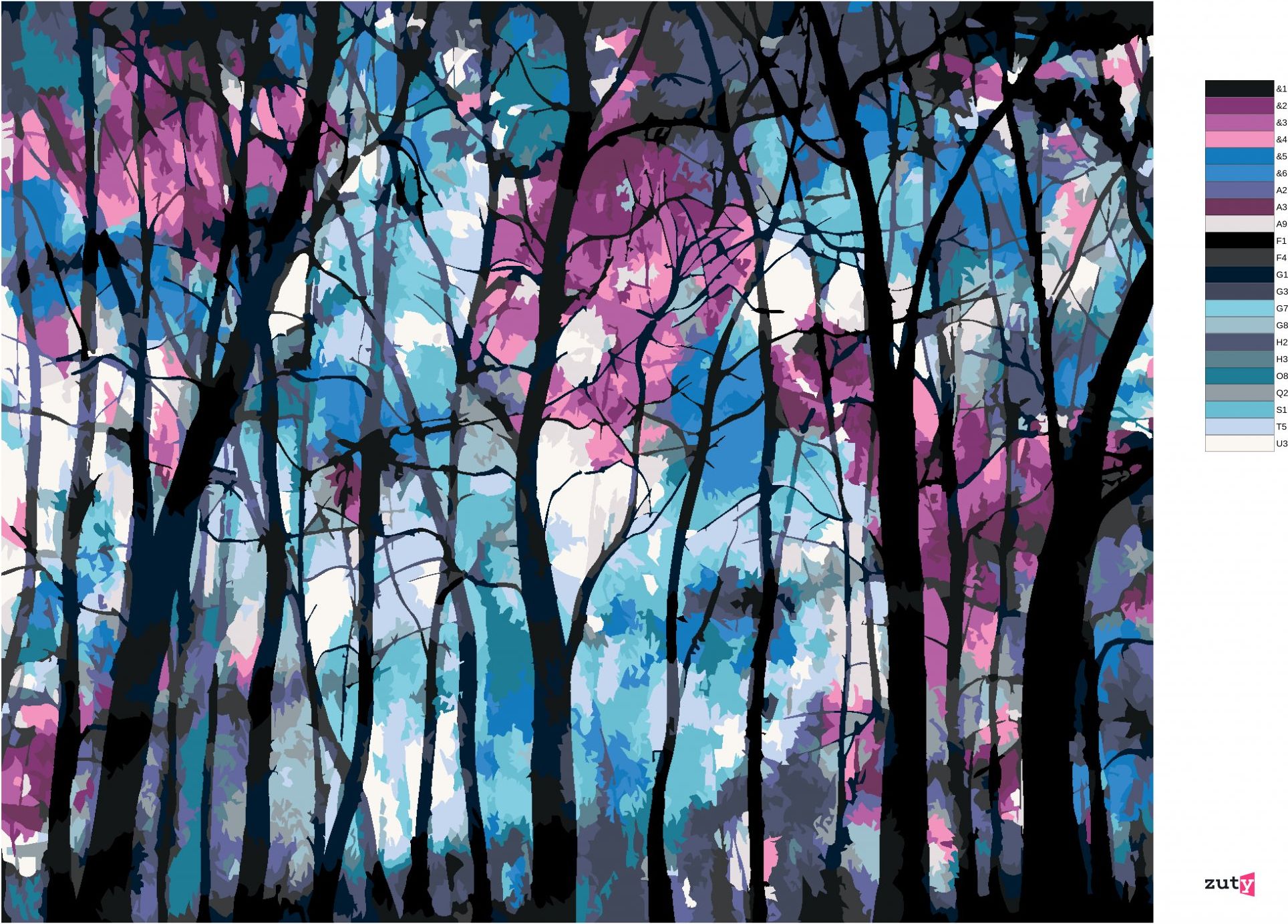 zuty Malování podle čísel - TEMNÝ LES S MODROFIALOVOU OBLOHOU - Rozměr: 40x50 cm, Rámování: Varianta: vypnuté plátno na rám - obrázek 2