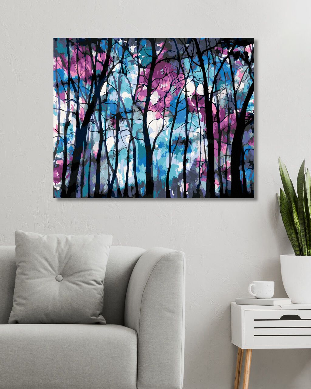 zuty Malování podle čísel - TEMNÝ LES S MODROFIALOVOU OBLOHOU - Rozměr: 40x50 cm, Rámování: Varianta: vypnuté plátno na rám - obrázek 4