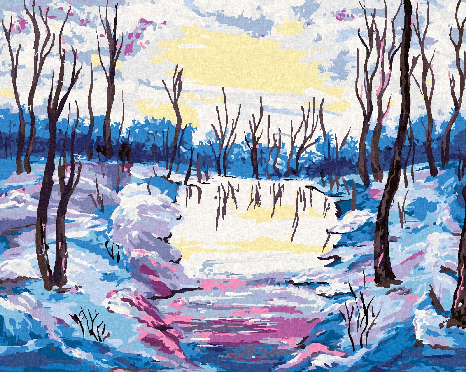 zuty Malování podle čísel - ZIMNÍ LES S VÝHLEDEM NA ŘEKU - Rozměr: 40x50 cm, Rámování: Varianta: bez rámu a bez vypnutí plátna - obrázek 1