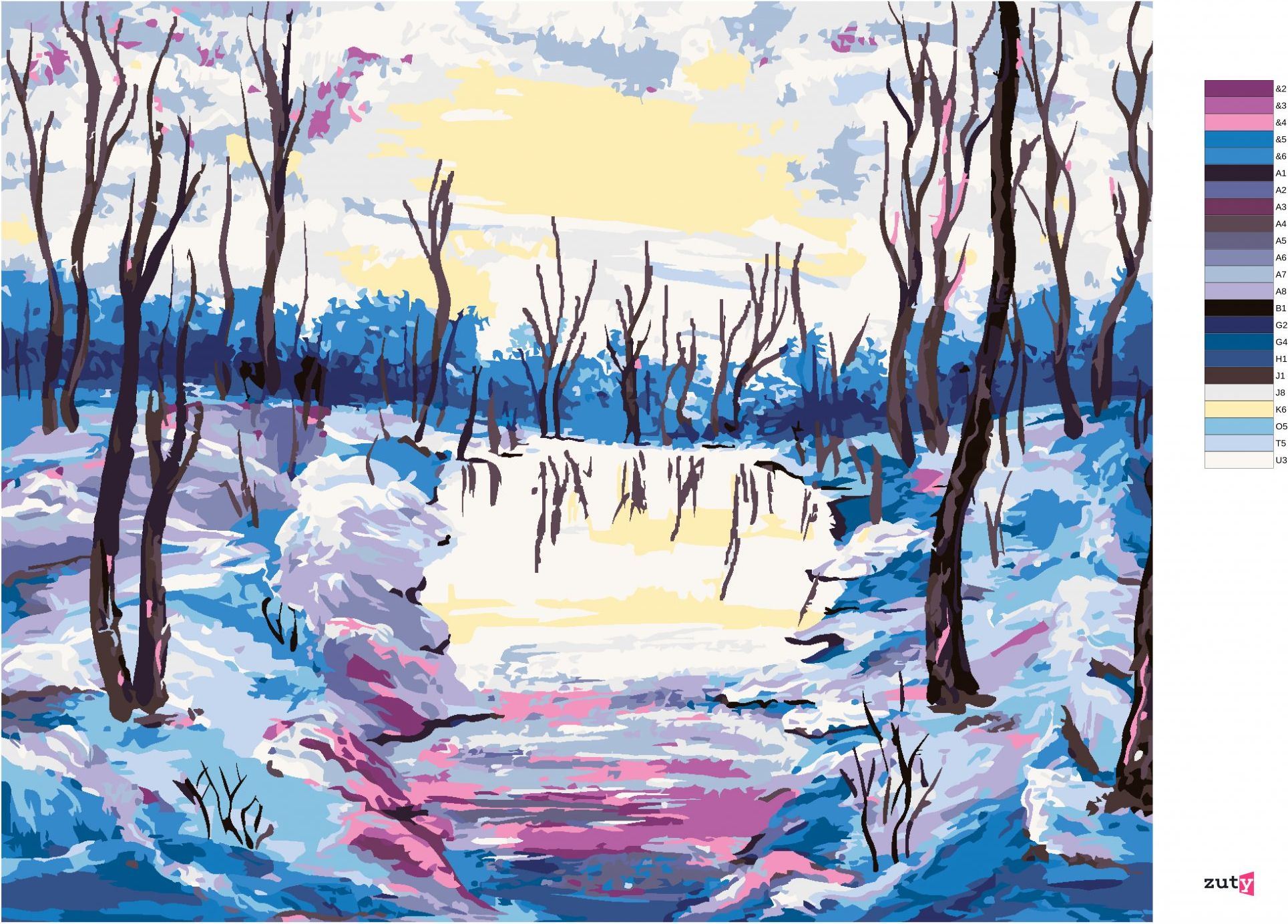 zuty Malování podle čísel - ZIMNÍ LES S VÝHLEDEM NA ŘEKU - Rozměr: 40x50 cm, Rámování: Varianta: bez rámu a bez vypnutí plátna - obrázek 9