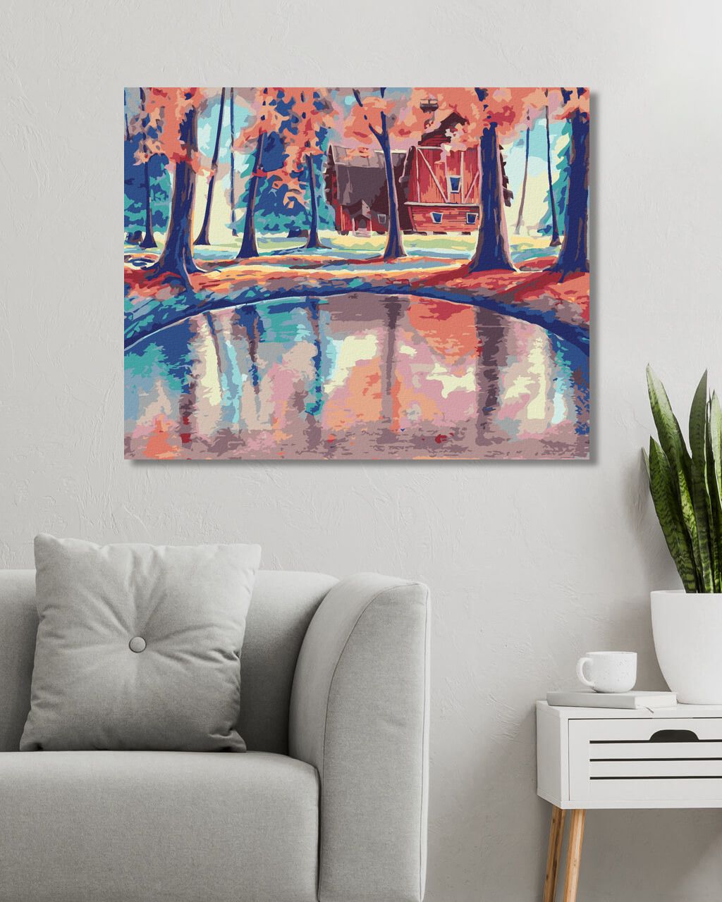 zuty Malování podle čísel - ČERVENÝ DŮM V LESE S MAGICKÝM JEZEREM - Rozměr: 40x50 cm, Rámování: Varianta: vypnuté plátno na rám - obrázek 2