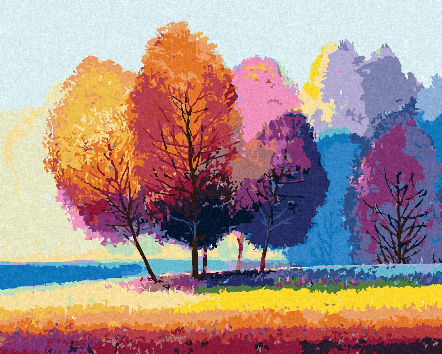 zuty Malování podle čísel - BAREVNÉ STROMY NA KRAJI LESA - Rozměr: 40x50 cm, Rámování: Varianta: bez rámu a bez vypnutí plátna - obrázek 1