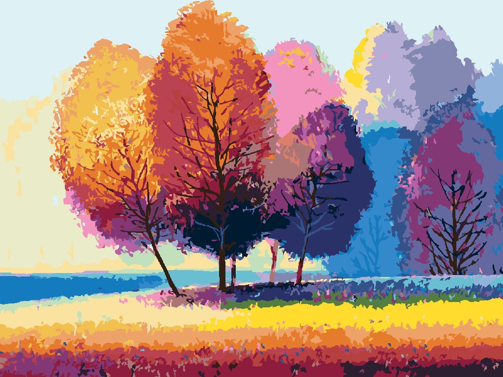 zuty Malování podle čísel - BAREVNÉ STROMY NA KRAJI LESA - Rozměr: 40x50 cm, Rámování: Varianta: bez rámu a bez vypnutí plátna - obrázek 7