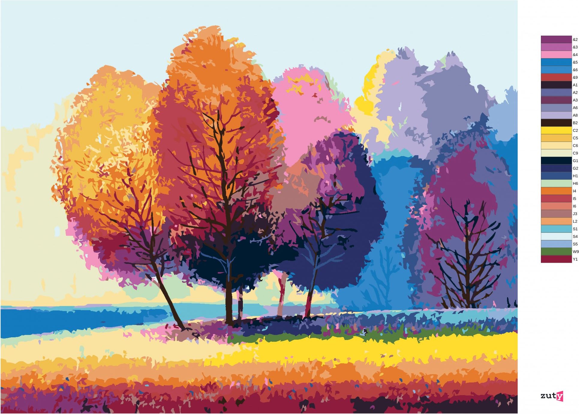 zuty Malování podle čísel - BAREVNÉ STROMY NA KRAJI LESA - Rozměr: 40x50 cm, Rámování: Varianta: bez rámu a bez vypnutí plátna - obrázek 10