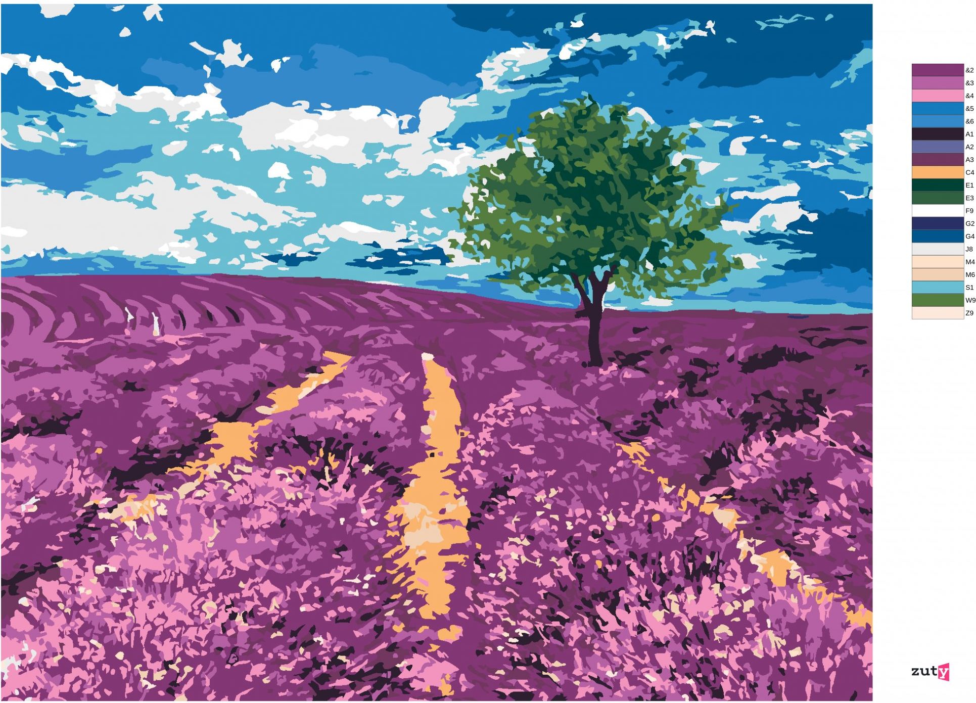 zuty Malování podle čísel - POLE LEVANDULÍ SE STROMEM - Rozměr: 40x50 cm, Rámování: Varianta: vypnuté plátno na rám - obrázek 2