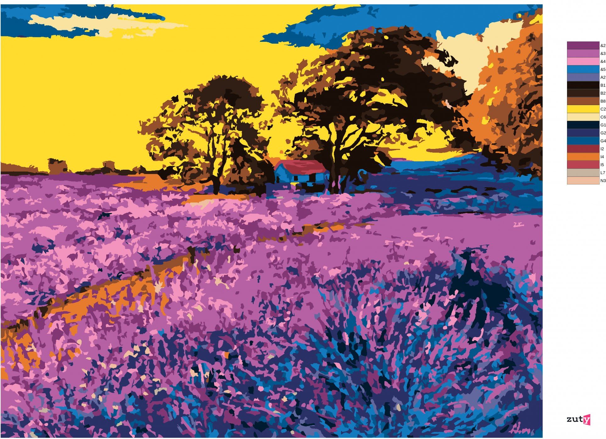 zuty Malování podle čísel - LEVANDULOVÉ POLE SE STROMY - Rozměr: 40x50 cm, Rámování: Varianta: vypnuté plátno na rám - obrázek 8