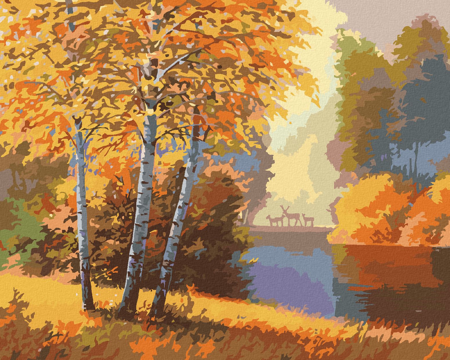zuty Malování podle čísel - PODZIMNÍ LES S ŘEKOU A JELENY - Rozměr: 40x50 cm, Rámování: Varianta: vypnuté plátno na rám - obrázek 1