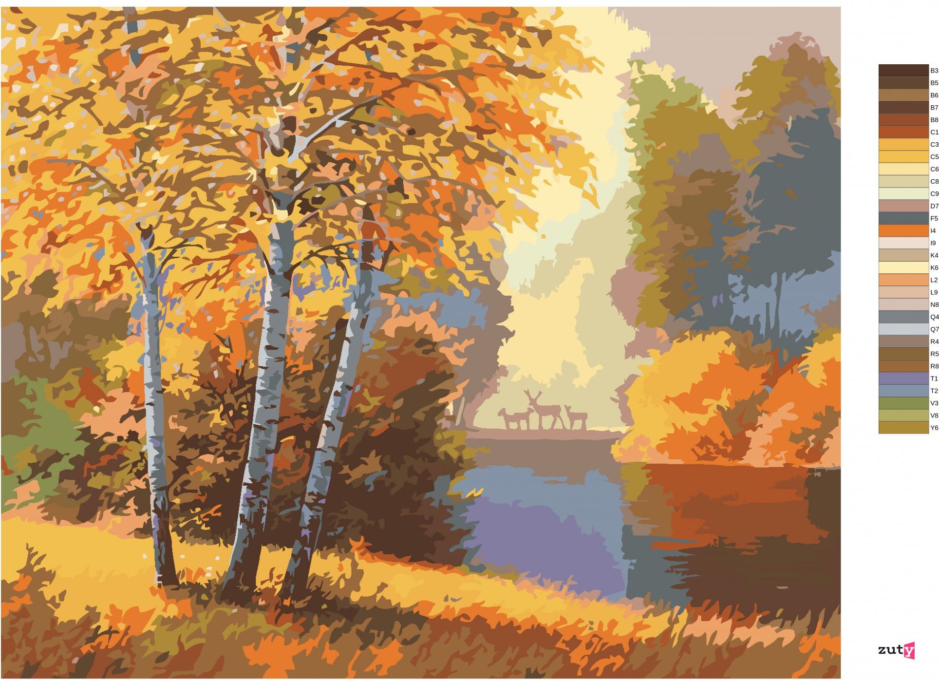 zuty Malování podle čísel - PODZIMNÍ LES S ŘEKOU A JELENY - Rozměr: 40x50 cm, Rámování: Varianta: vypnuté plátno na rám - obrázek 2