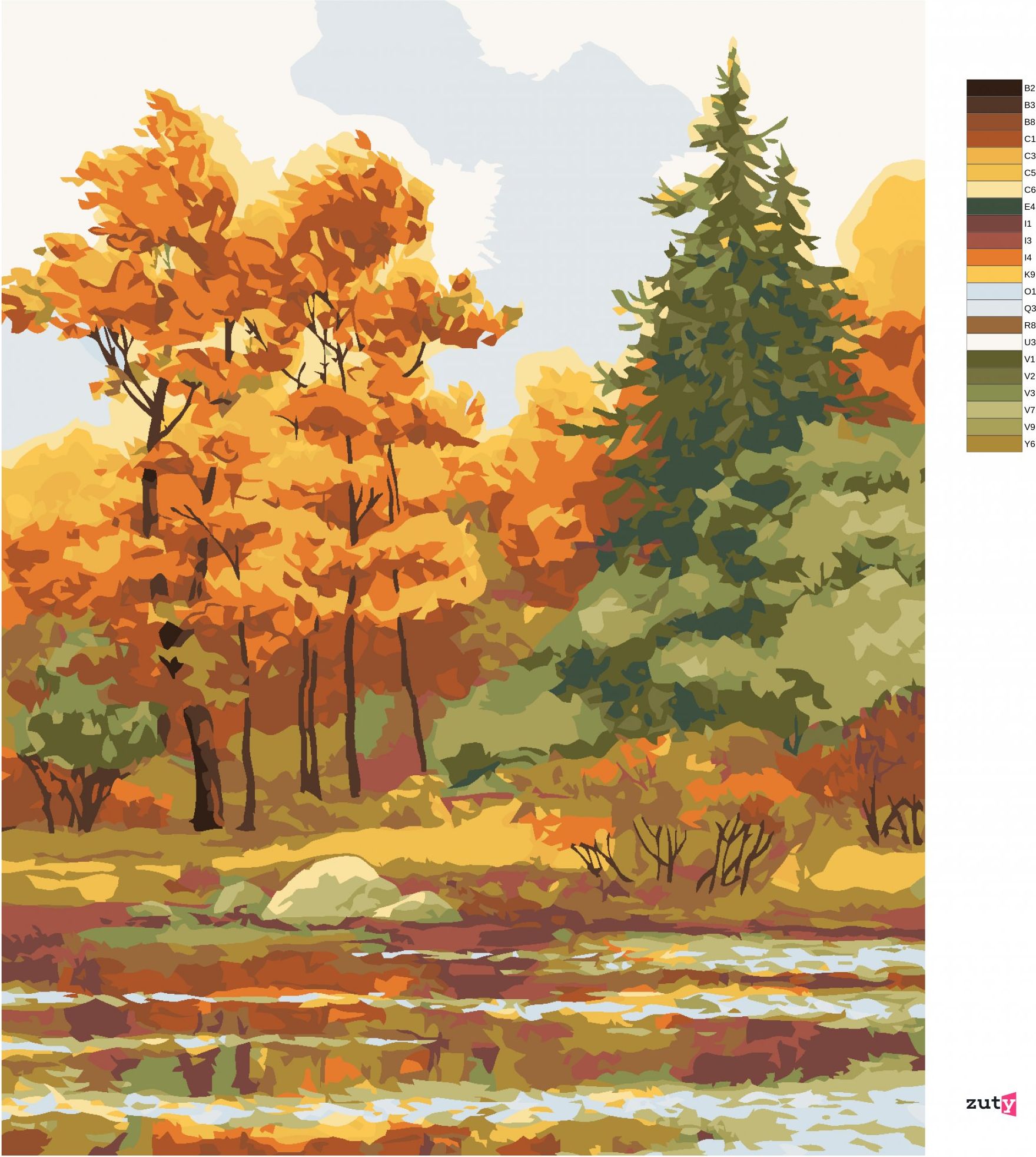 zuty Malování podle čísel - PODZIMNÍ LES NA JEZEŘE - Rozměr: 40x50 cm, Rámování: Varianta: vypnuté plátno na rám - obrázek 2
