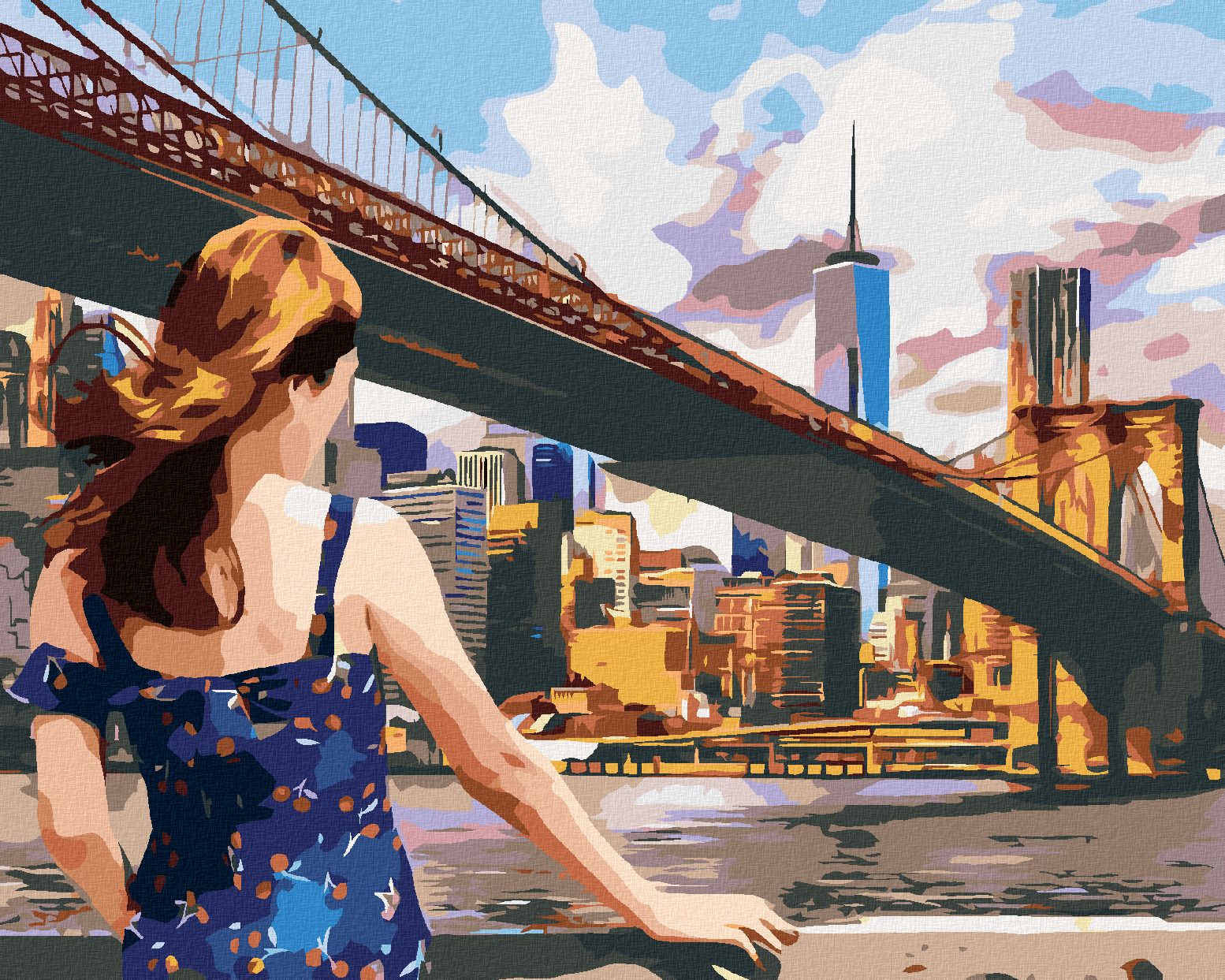 zuty Malování podle čísel - ŽENA U BROOKLYN BRIDGE V NEW YORKU - Rozměr: 40x50 cm, Rámování: Varianta: bez rámu a bez vypnutí plátna - obrázek 1
