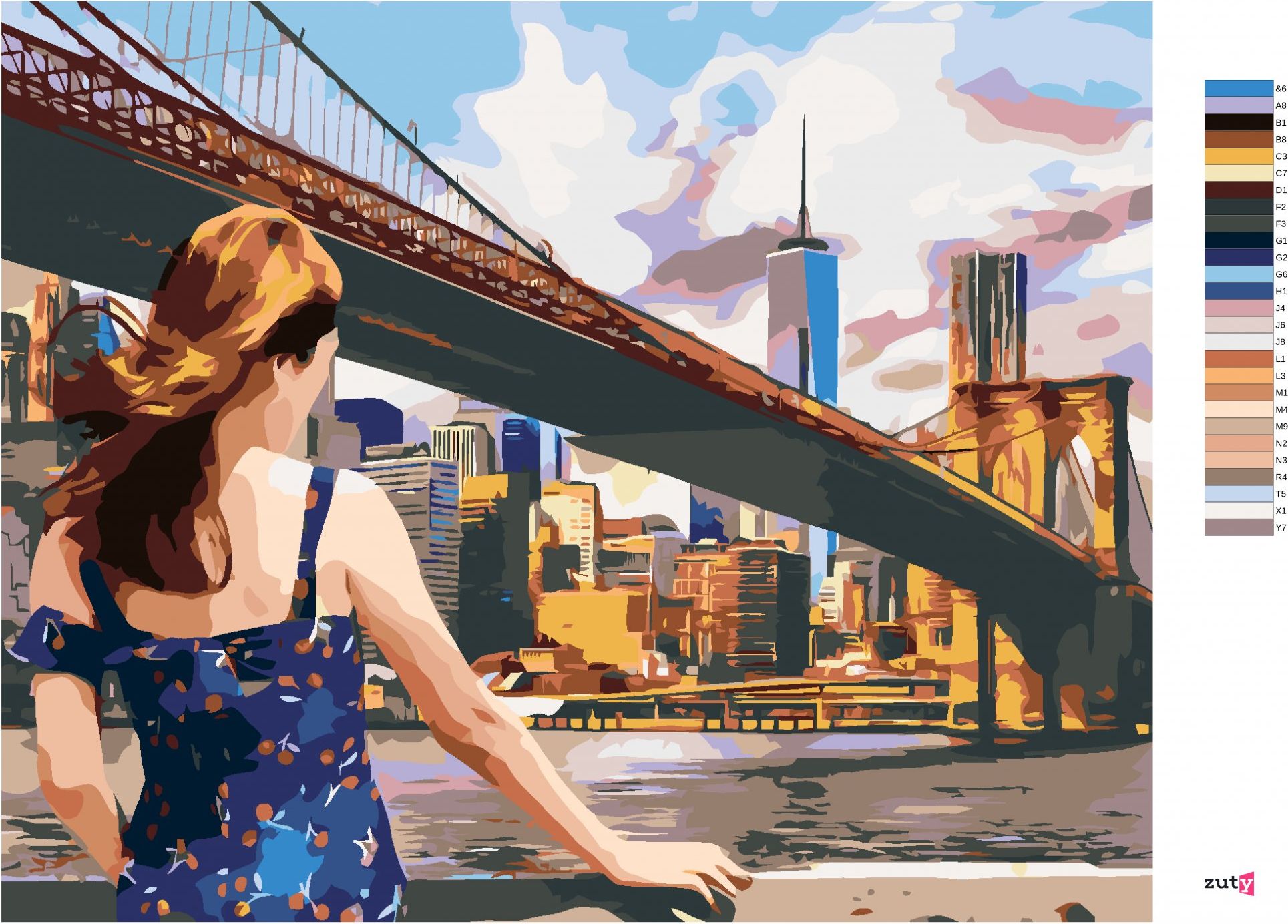 zuty Malování podle čísel - ŽENA U BROOKLYN BRIDGE V NEW YORKU - Rozměr: 40x50 cm, Rámování: Varianta: bez rámu a bez vypnutí plátna - obrázek 3