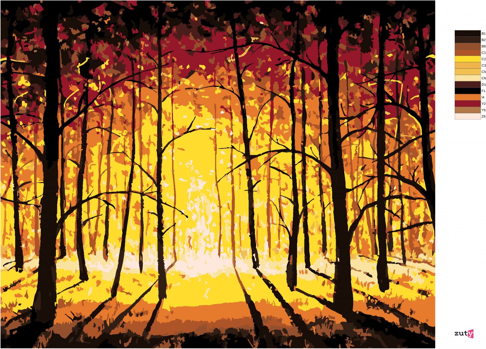 zuty Malování podle čísel - ZÁPAD SLUNCE V PODZIMNÍM LESE - Rozměr: 40x50 cm, Rámování: Varianta: bez rámu a bez vypnutí plátna - obrázek 5