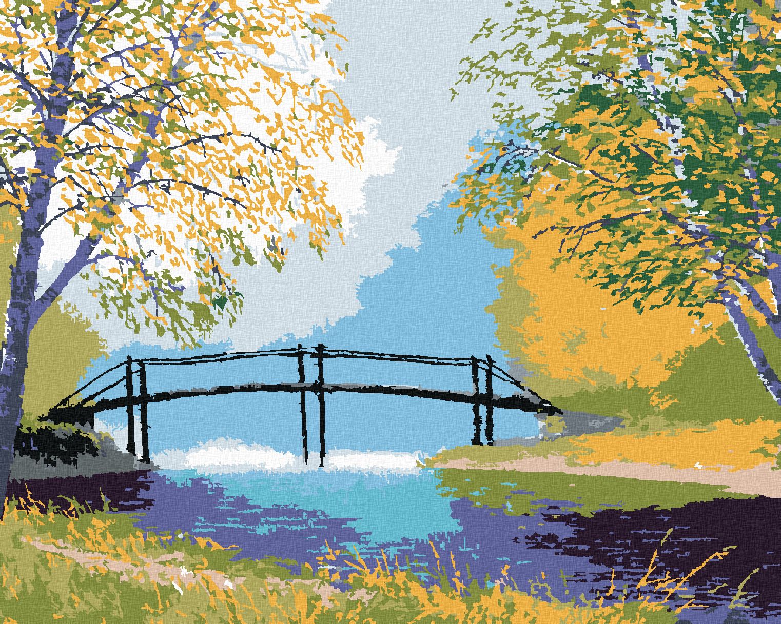 zuty Malování podle čísel - LES S LÁVKOU PŘES ŘEKU - Rozměr: 40x50 cm, Rámování: Varianta: vypnuté plátno na rám - obrázek 1