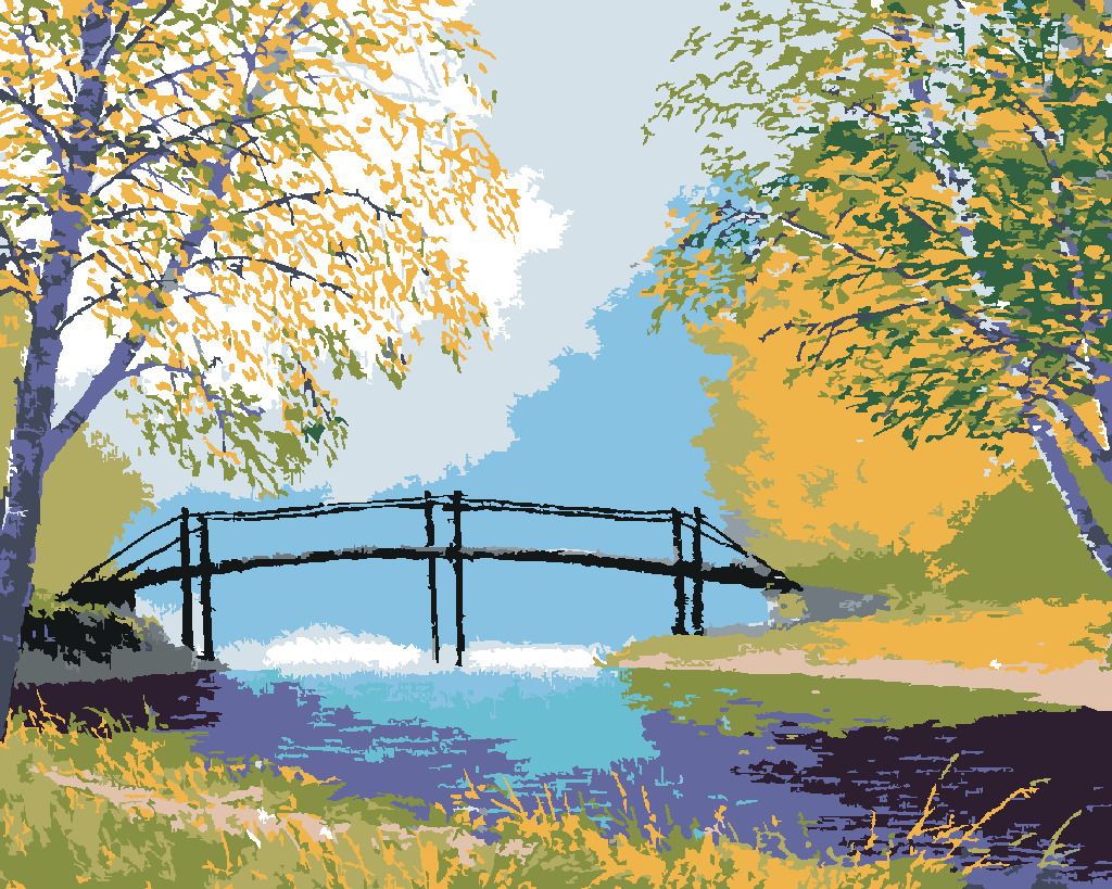 zuty Malování podle čísel - LES S LÁVKOU PŘES ŘEKU - Rozměr: 40x50 cm, Rámování: Varianta: vypnuté plátno na rám - obrázek 3