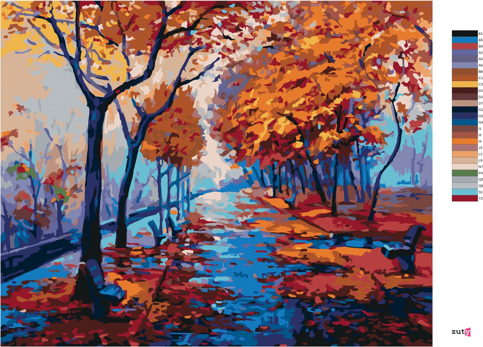 zuty Malování podle čísel - PODZIMNÍ LESOPARK S PRÁZDNÝMI LAVIČKAMI - Rozměr: 40x50 cm, Rámování: Varianta: bez rámu a bez vypnutí plátna - obrázek 7