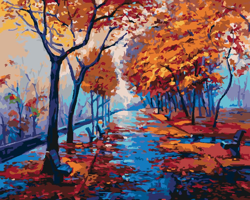 zuty Malování podle čísel - PODZIMNÍ LESOPARK S PRÁZDNÝMI LAVIČKAMI - Rozměr: 40x50 cm, Rámování: Varianta: bez rámu a bez vypnutí plátna - obrázek 8