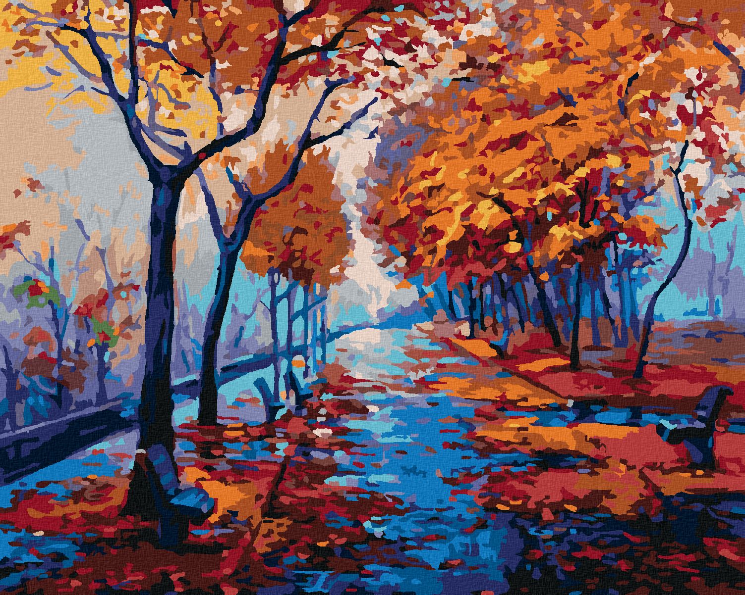 zuty Malování podle čísel - PODZIMNÍ LESOPARK S PRÁZDNÝMI LAVIČKAMI - Rozměr: 40x50 cm, Rámování: Varianta: vypnuté plátno na rám - obrázek 1