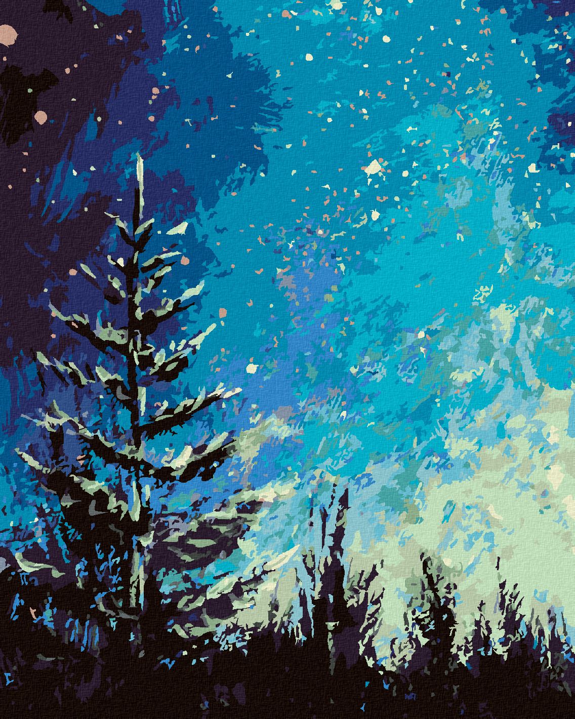 zuty Malování podle čísel - STROM A NOČNÍ OBLOHA V LESE - Rozměr: 40x50 cm, Rámování: Varianta: bez rámu a bez vypnutí plátna - obrázek 1