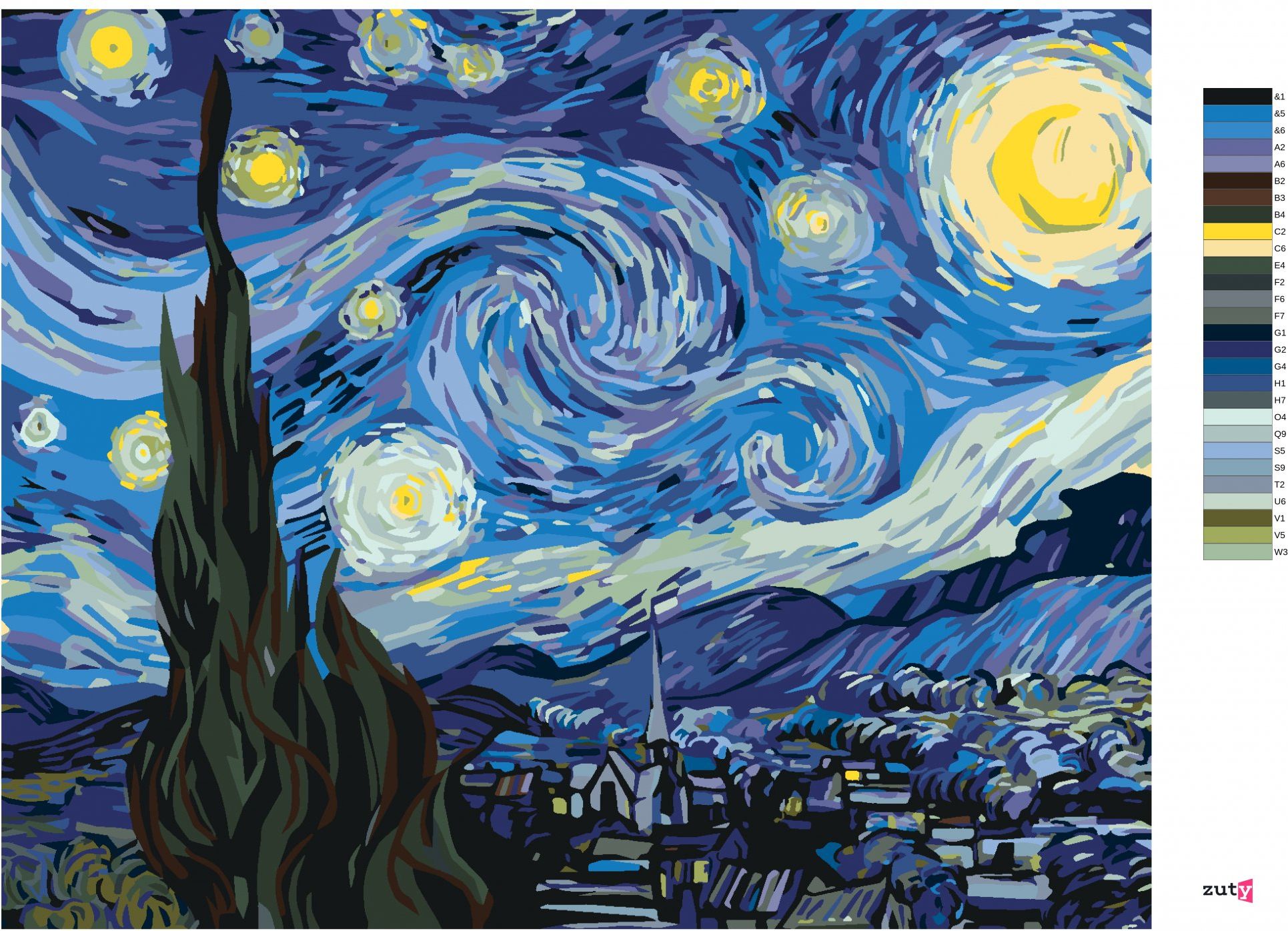 zuty Malování podle čísel - MĚSÍC V PODÁNÍ VAN GOGHA - Rozměr: 40x50 cm, Rámování: Varianta: bez rámu a bez vypnutí plátna - obrázek 3