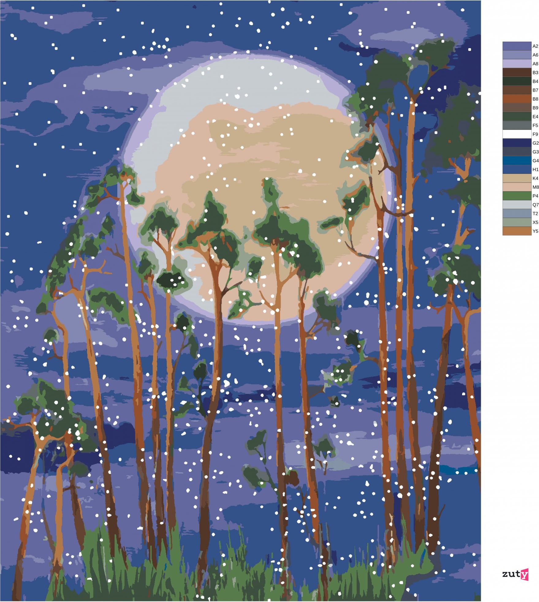 zuty Malování podle čísel - MĚSÍC ZA STROMY V LESE - Rozměr: 40x50 cm, Rámování: Varianta: bez rámu a bez vypnutí plátna - obrázek 10