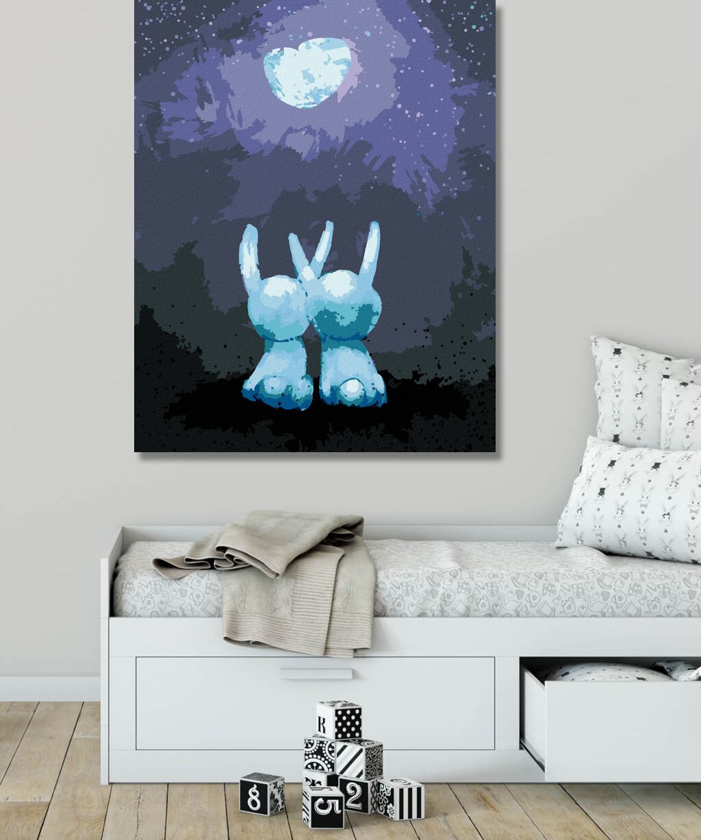 zuty Malování podle čísel - ZAMILOVÁNÍ KRÁLIČCI KOUKAJÍCÍ NA ZÁŘICÍ MĚSÍC - Rozměr: 40x50 cm, Rámování: Varianta: bez rámu a bez vypnutí plátna - obrázek 4