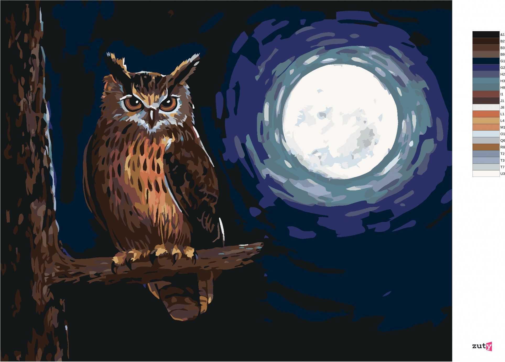 zuty Malování podle čísel - SOVA A SVIT MĚSÍCEv - Rozměr: 40x50 cm, Rámování: Varianta: bez rámu a bez vypnutí plátna - obrázek 3