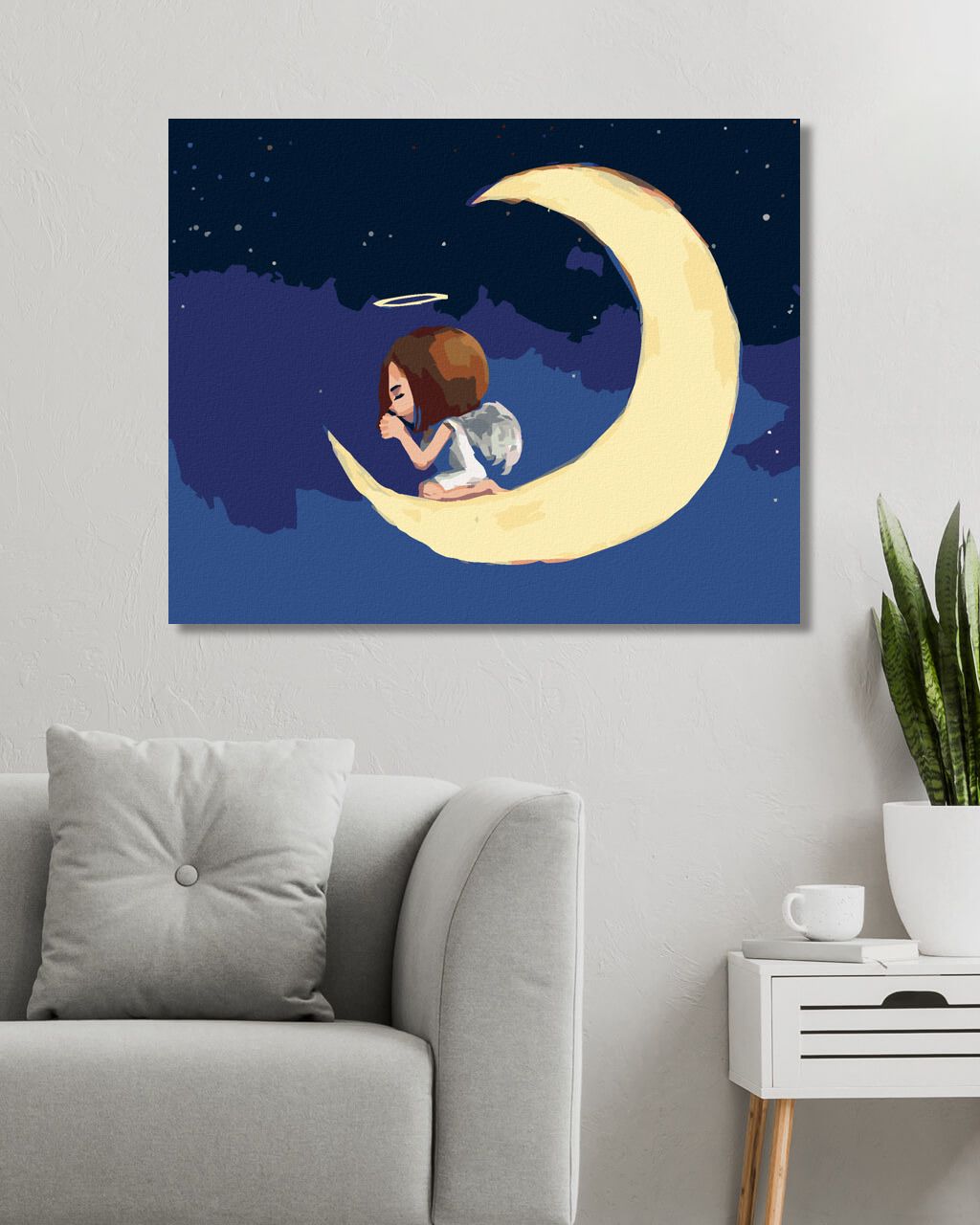 zuty Malování podle čísel - ANDÍLEK SEDÍCÍ NA MĚSÍCI - Rozměr: 40x50 cm, Rámování: Varianta: vypnuté plátno na rám - obrázek 5