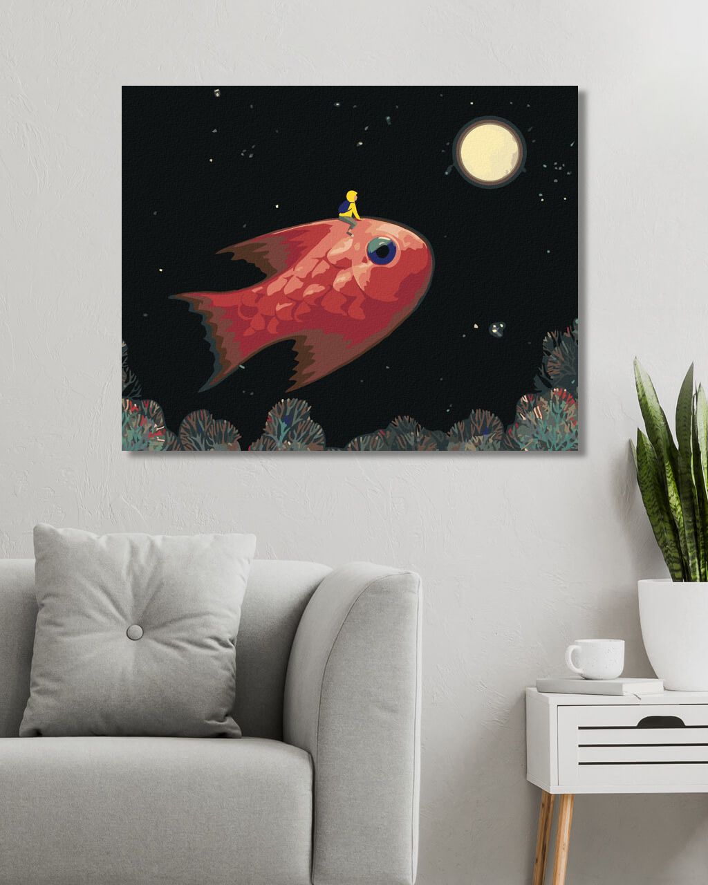 zuty Malování podle čísel - CHLAPEC S RYBOU MÍŘÍCÍ NA MĚSÍC - Rozměr: 40x50 cm, Rámování: Varianta: bez rámu a bez vypnutí plátna - obrázek 2