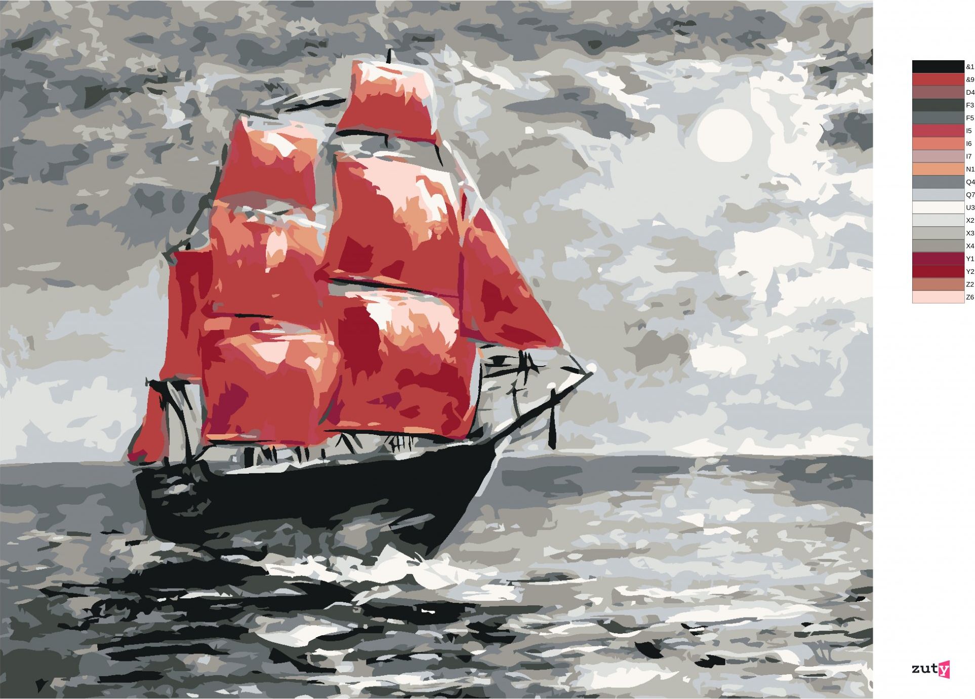 zuty Malování podle čísel - MĚSÍČNÍ SVIT A PLACHETNICE NA MOŘI - Rozměr: 40x50 cm, Rámování: Varianta: bez rámu a bez vypnutí plátna - obrázek 4